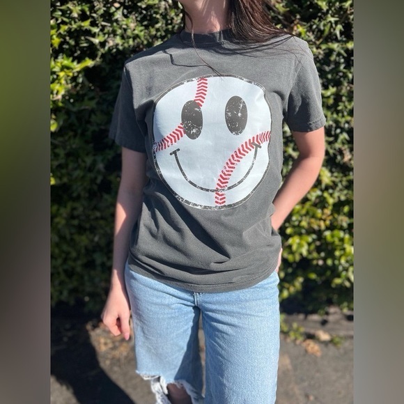 Distressed Baseball Smiley Tee - Picture 1 of 5